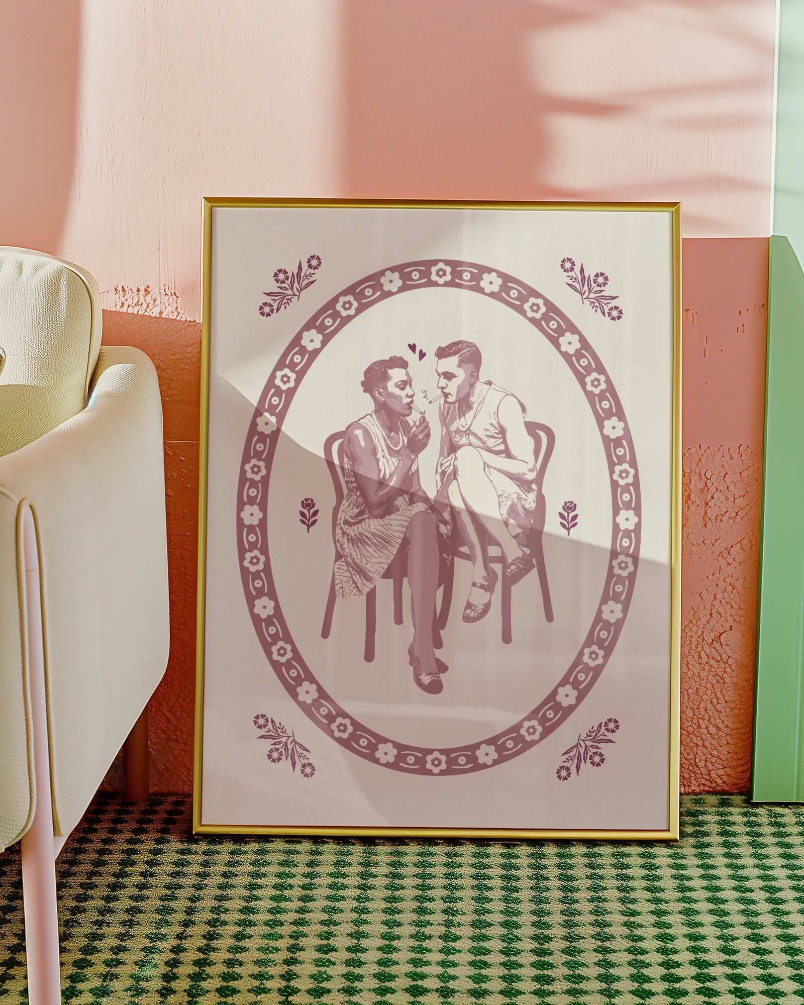 A poster with an illustrated, queer and genderfluid couple in dresses and makeup smoking together on two stools. Vintage and normbreaking poster.