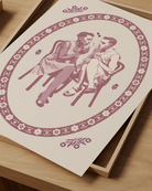 A poster with an illustrated, queer and genderfluid couple in dresses and makeup smoking together on two stools. Vintage and normbreaking poster.