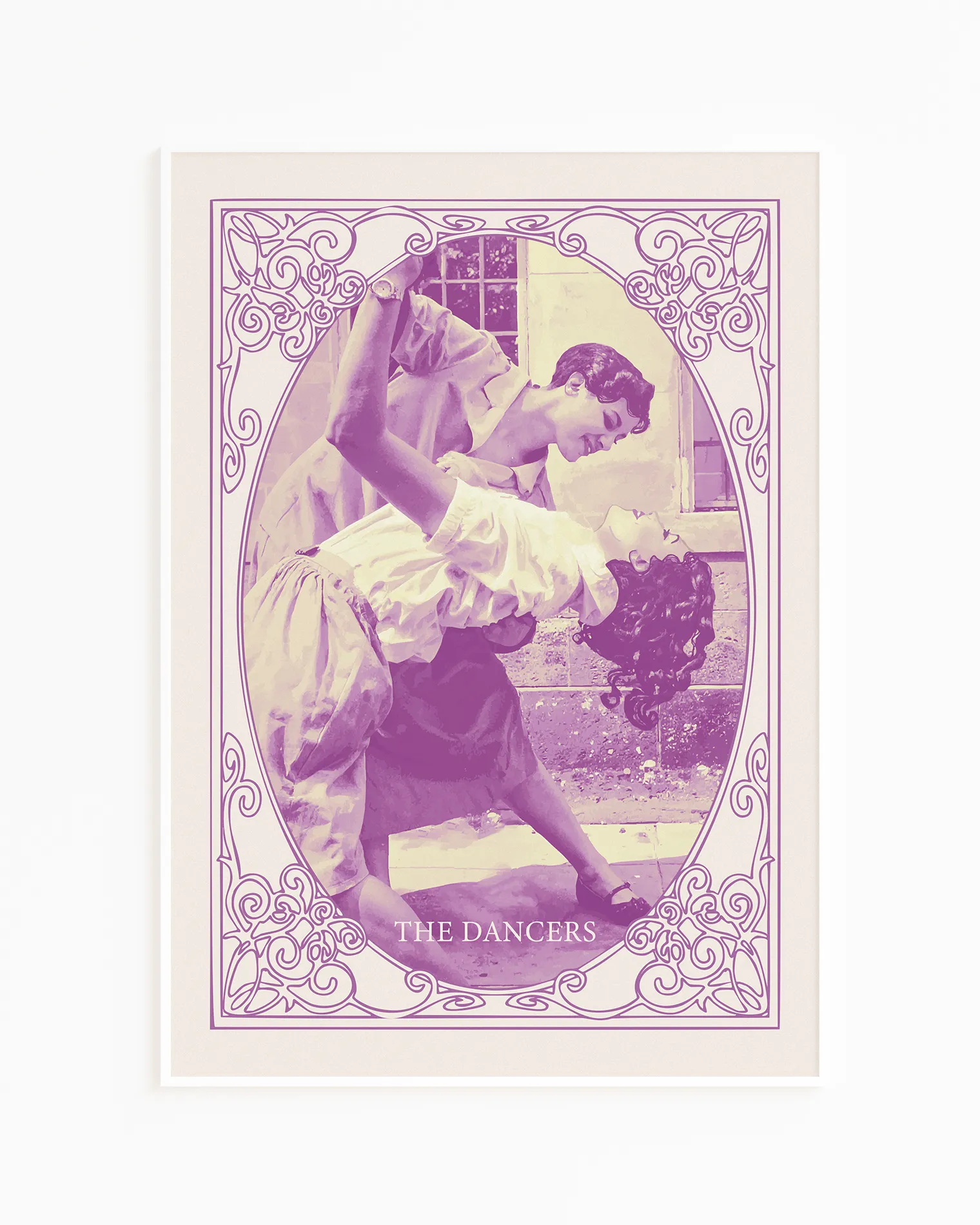 A print with an illustrated, lesbian couple in the 60's dancing, with the text 'THE DANCERS'.