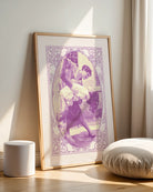 A print with an illustrated, lesbian couple in the 60's dancing, with the text 'THE DANCERS'.