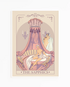 A print with a sapphic couple in a bedroom, Rococo illustrated style.