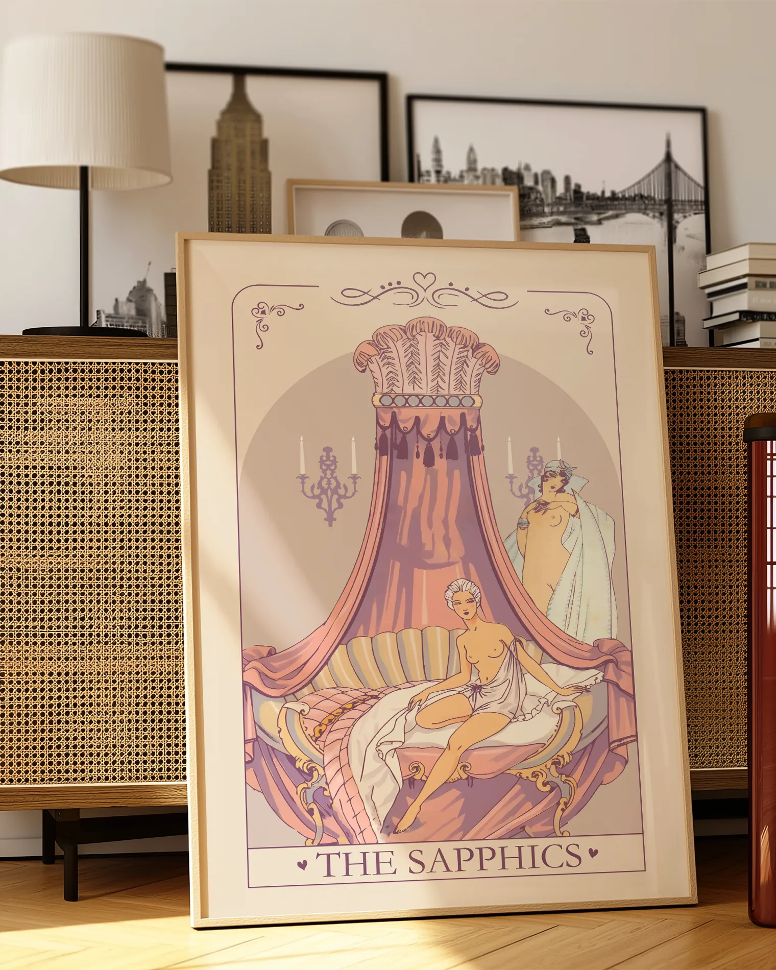 A print with a sapphic couple in a bedroom, Rococo illustrated style.