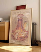 A print with a sapphic couple in a bedroom, Rococo illustrated style.