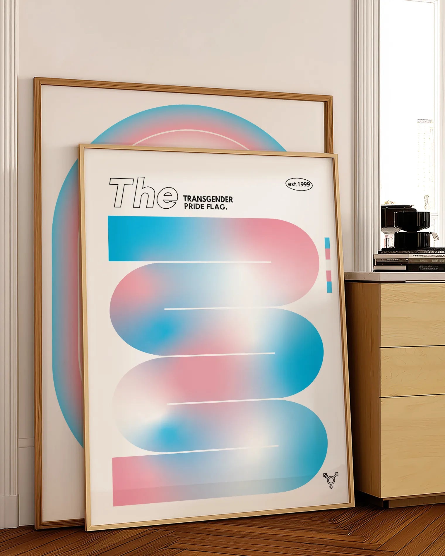 A print with the Transgender Pride Flag in a soft shape.