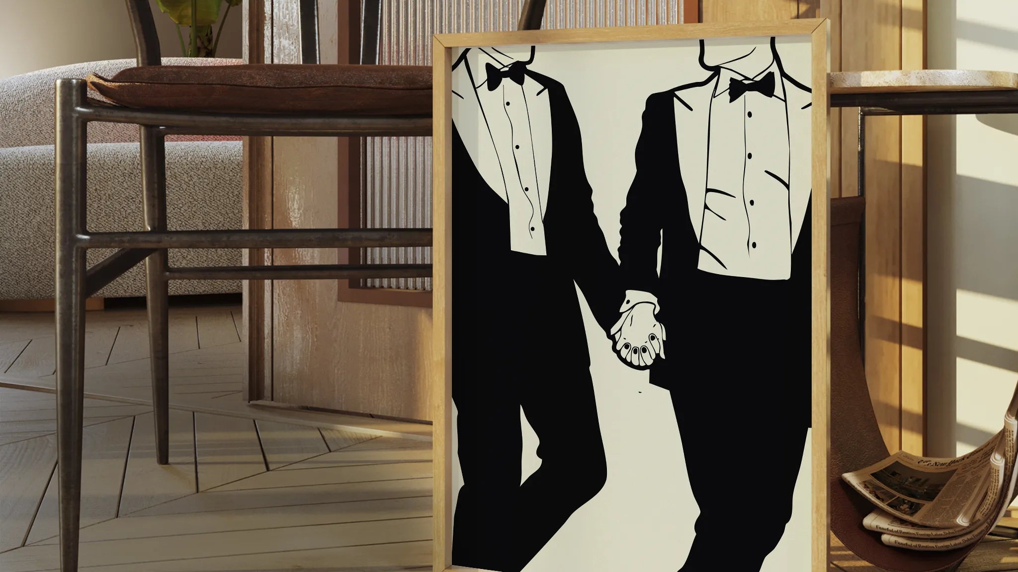 A print with an illustrated male couple in black suits holding hands.