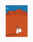A framed print with a brides couple in white dresses walking hand in hand in a desert.