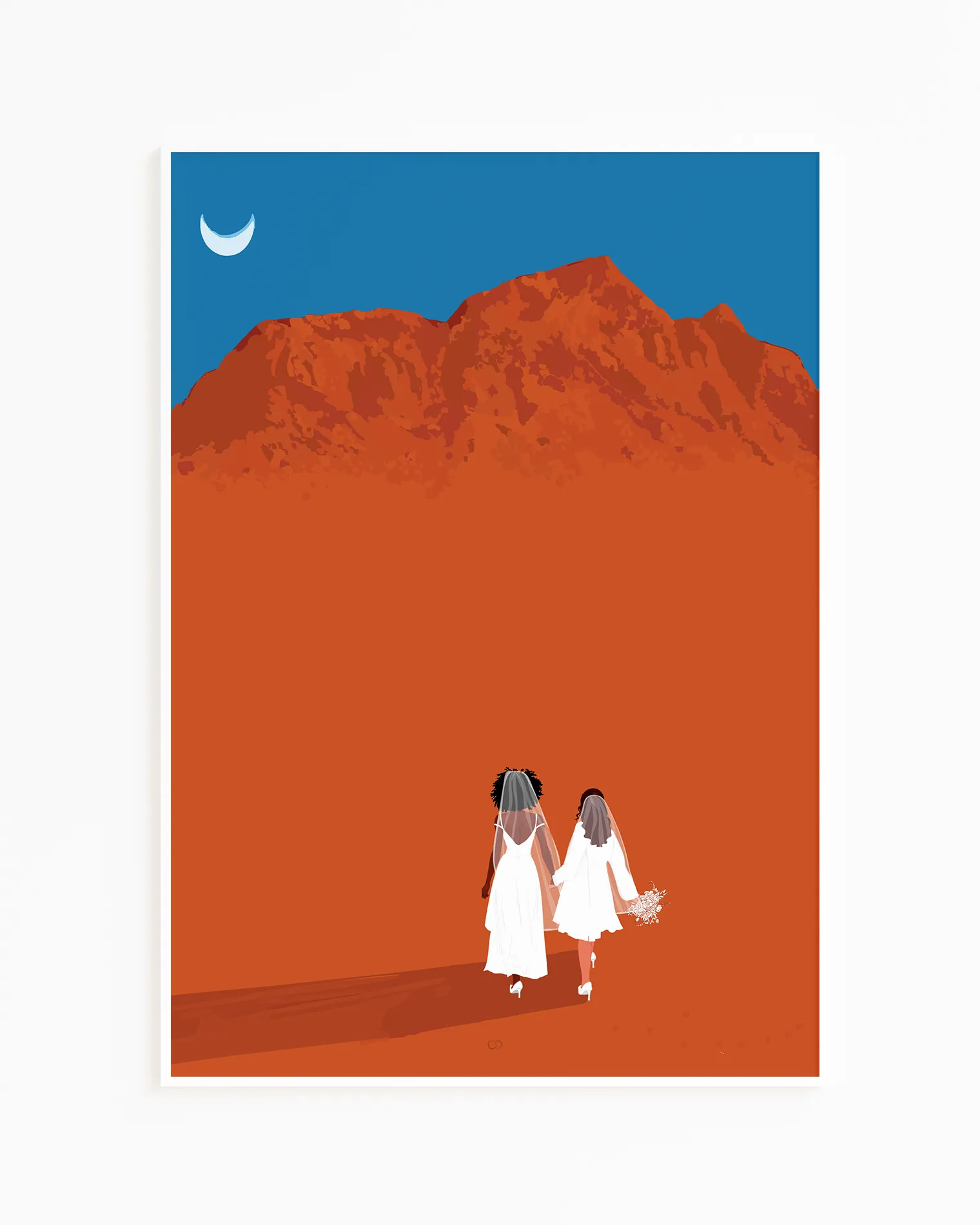A framed print with a brides couple in white dresses walking hand in hand in a desert.