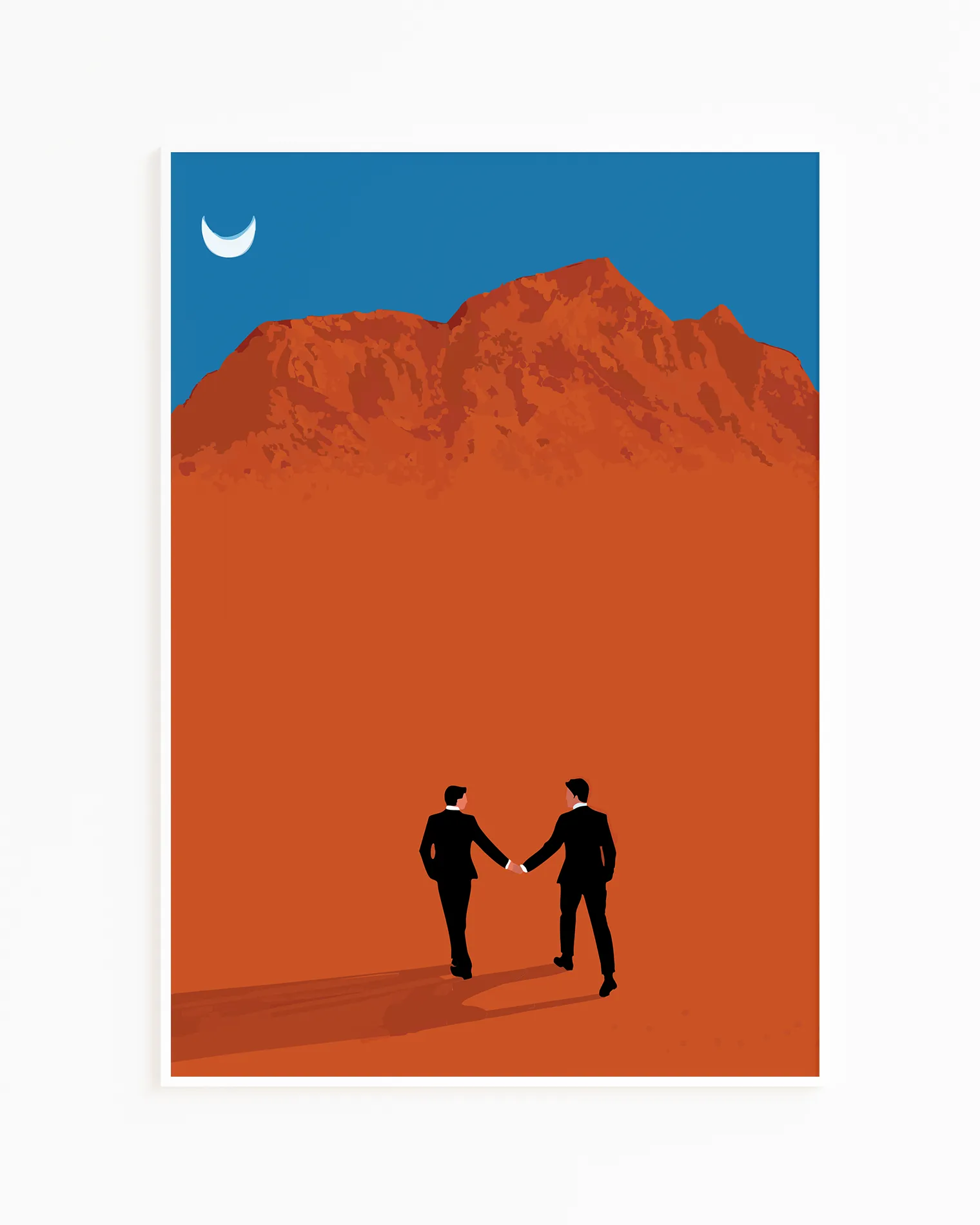 A framed print with a couple in suits, walking hand in hand in a desert.