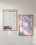 A print with the text 'Trans Lives Matter', with the transgender pride flag colours.