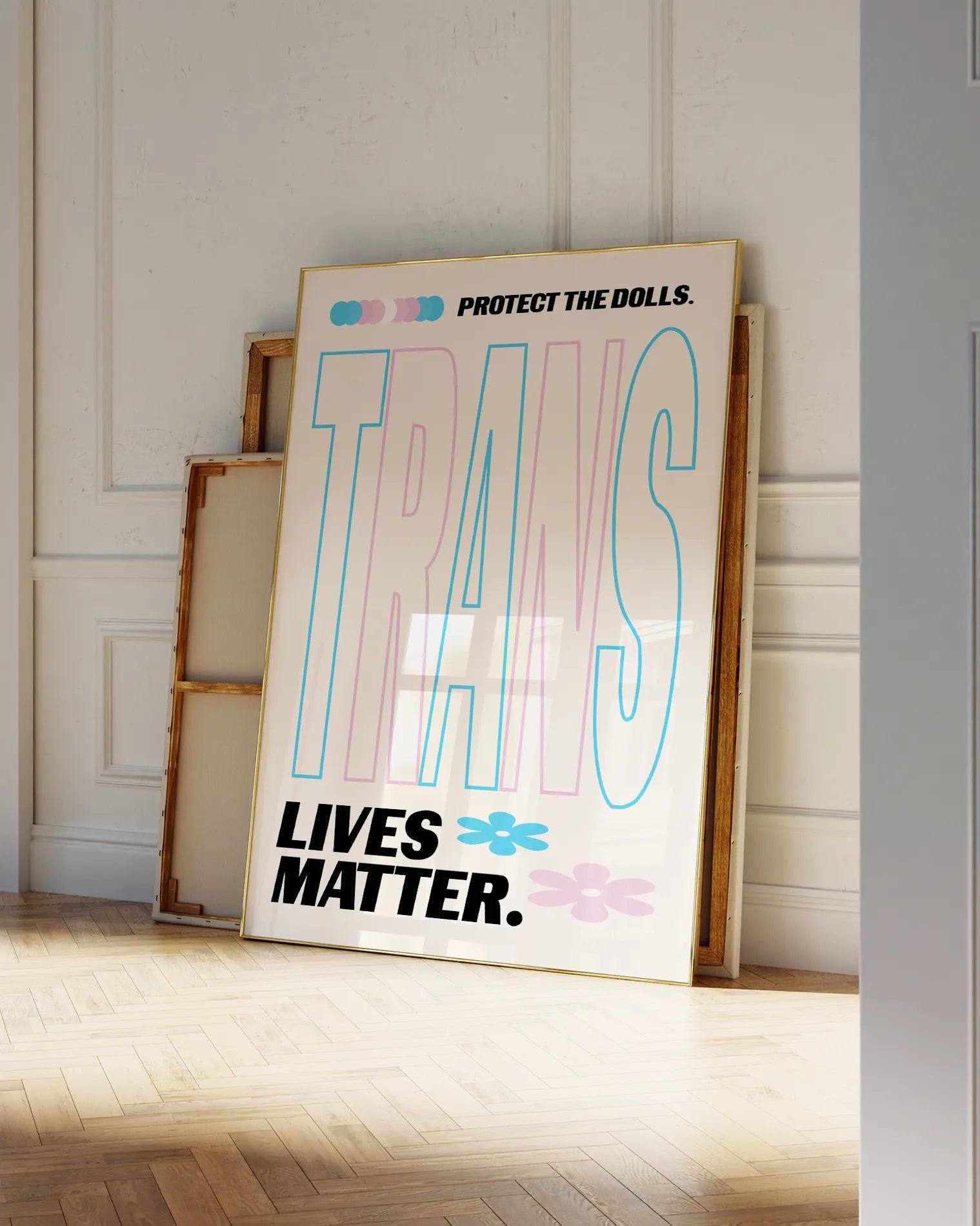 A print with the text 'Trans Lives Matter', with the transgender pride flag colours.