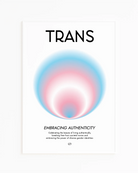 Framed, abstract poster with a circle in the transflag colours with a describing text about being transgender.