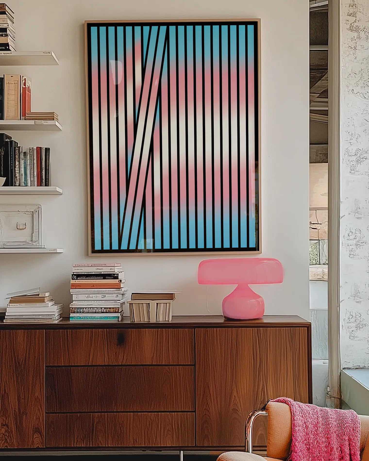 A framed poster with an abstract transflag formed in stripes.