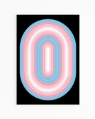 A framed print with a transgender, illustrative flag in an oval form.