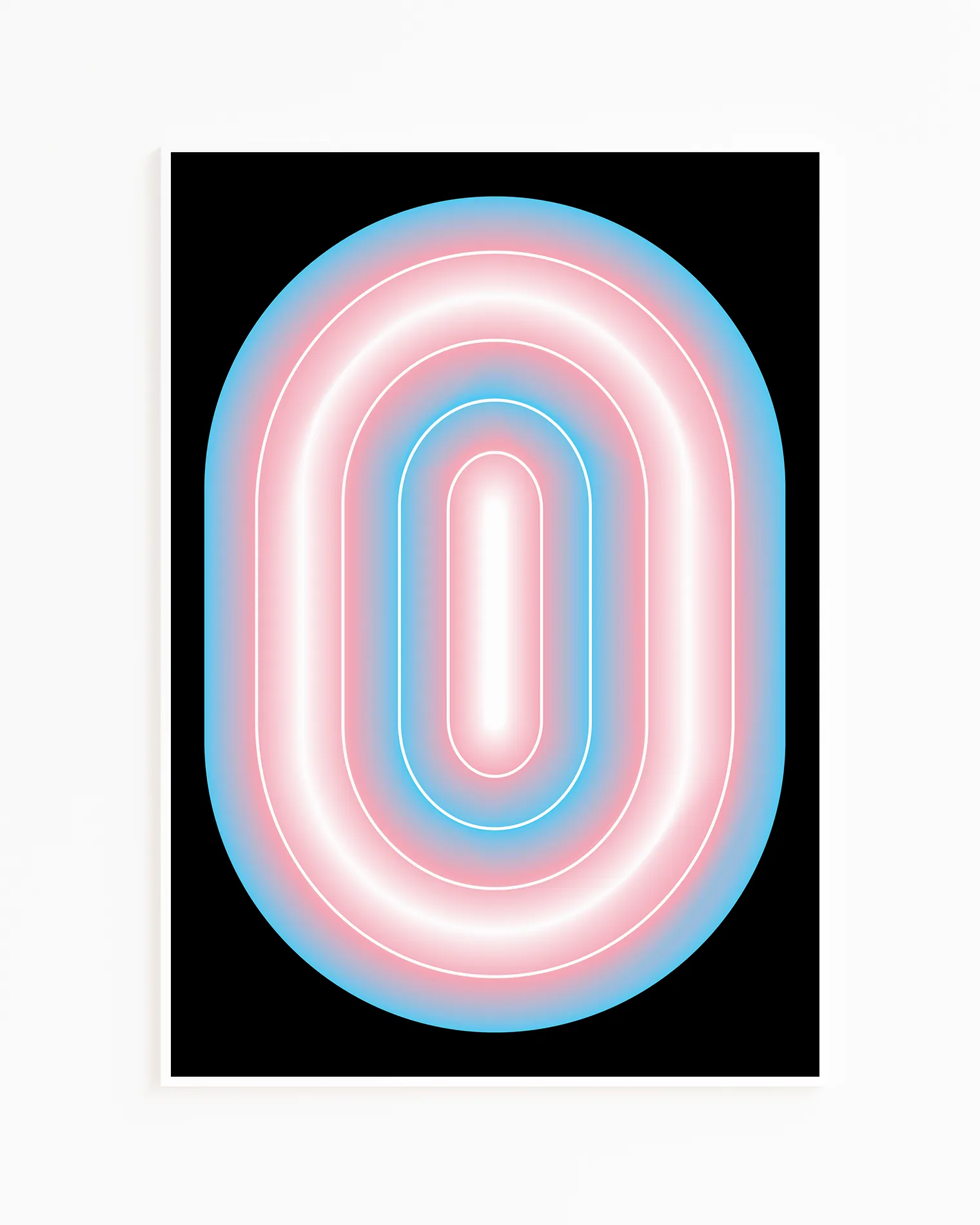 A framed print with a transgender, illustrative flag in an oval form.