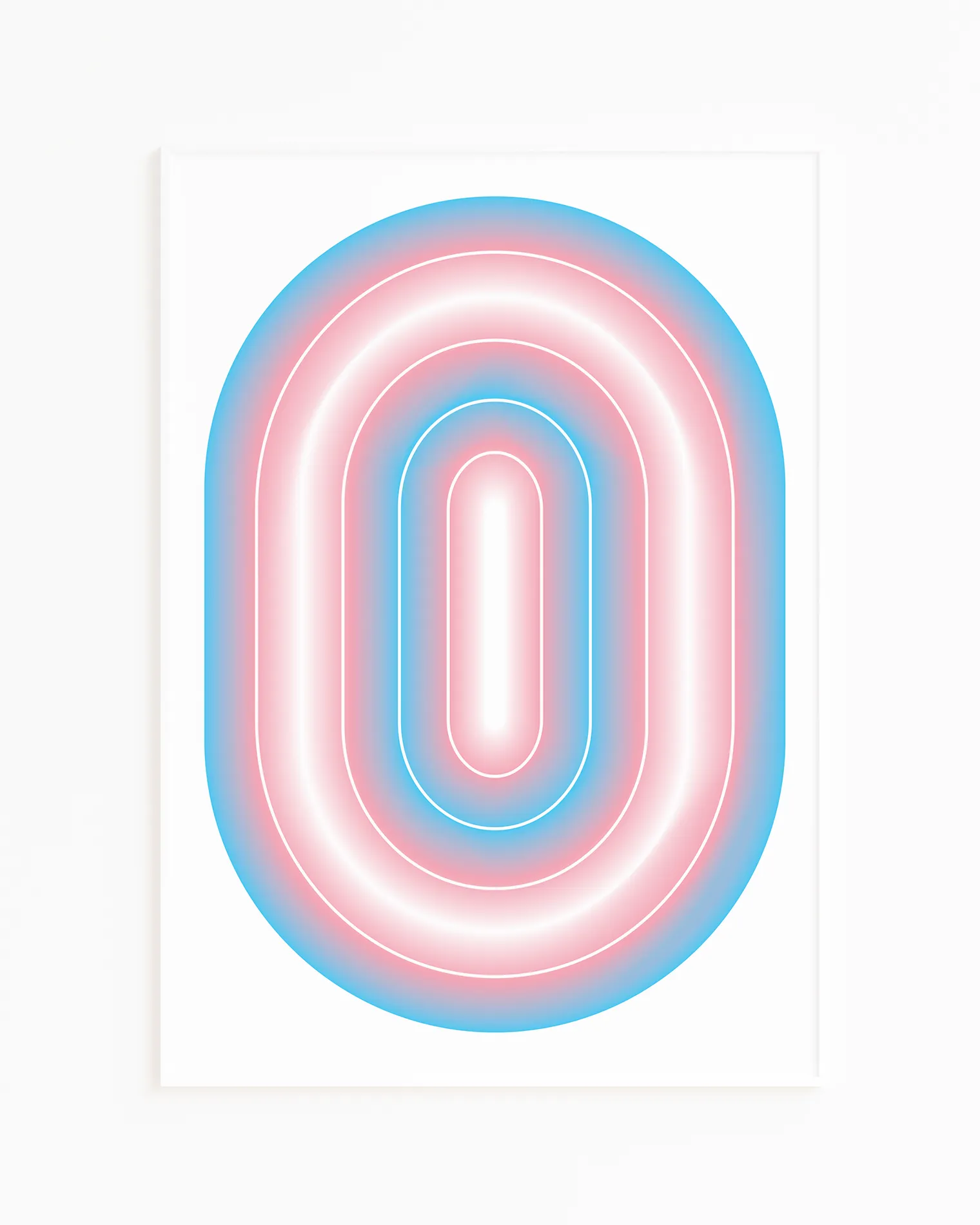 A framed print with a transgender, illustrative flag in an oval form.