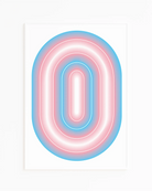 A framed print with a transgender, illustrative flag in an oval form.