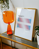 A print with the Transgender pride flag in two, rectangular, gradient blocks, with the text 'Transgender Pride´ and 'Design by Monica helms, 1999.'