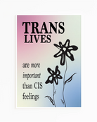 A print with the text 'Trans Lives are more important than CIS feelings', against the transgender flag colours.