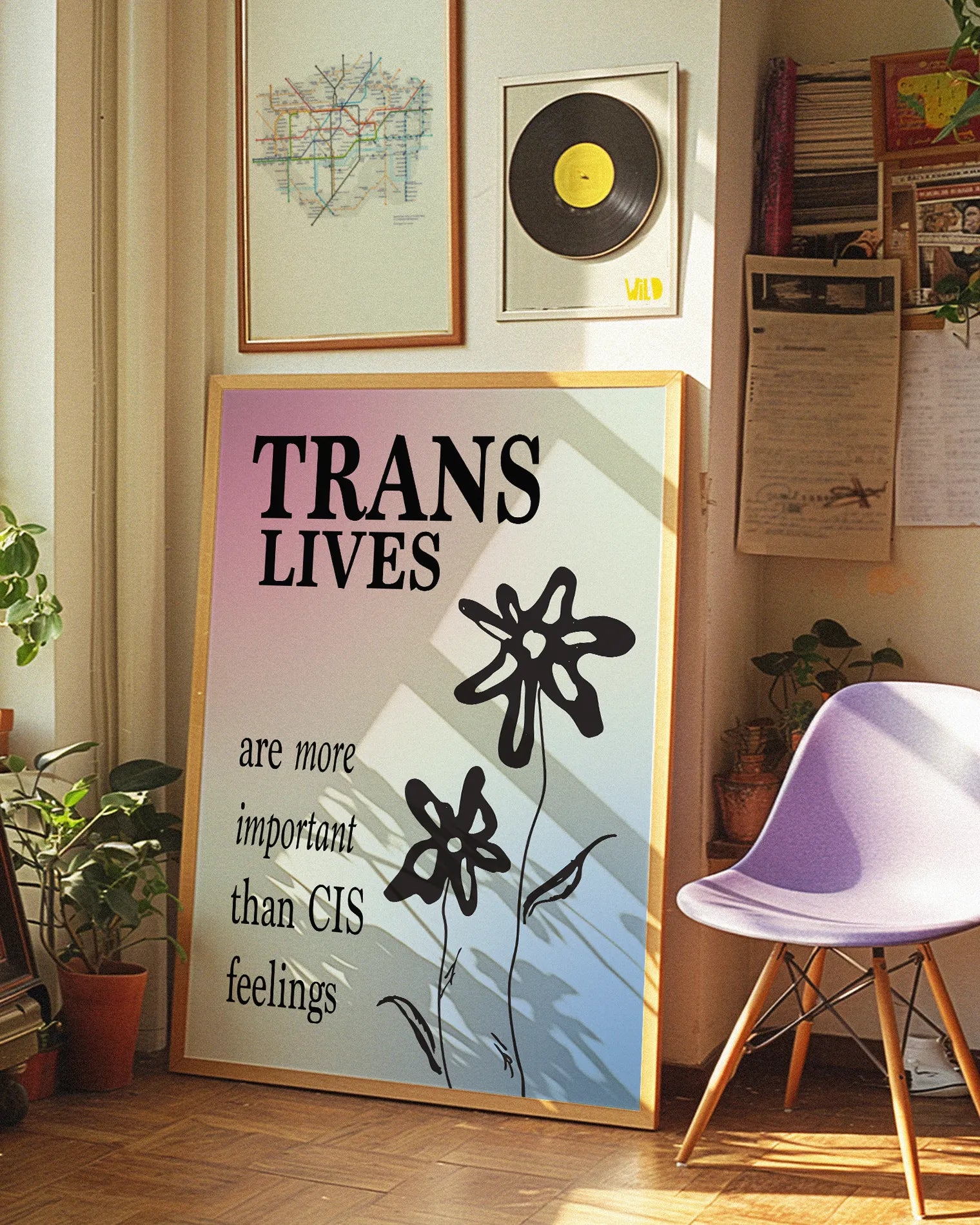 A print with the text 'Trans Lives are more important than CIS feelings', against the transgender flag colours.