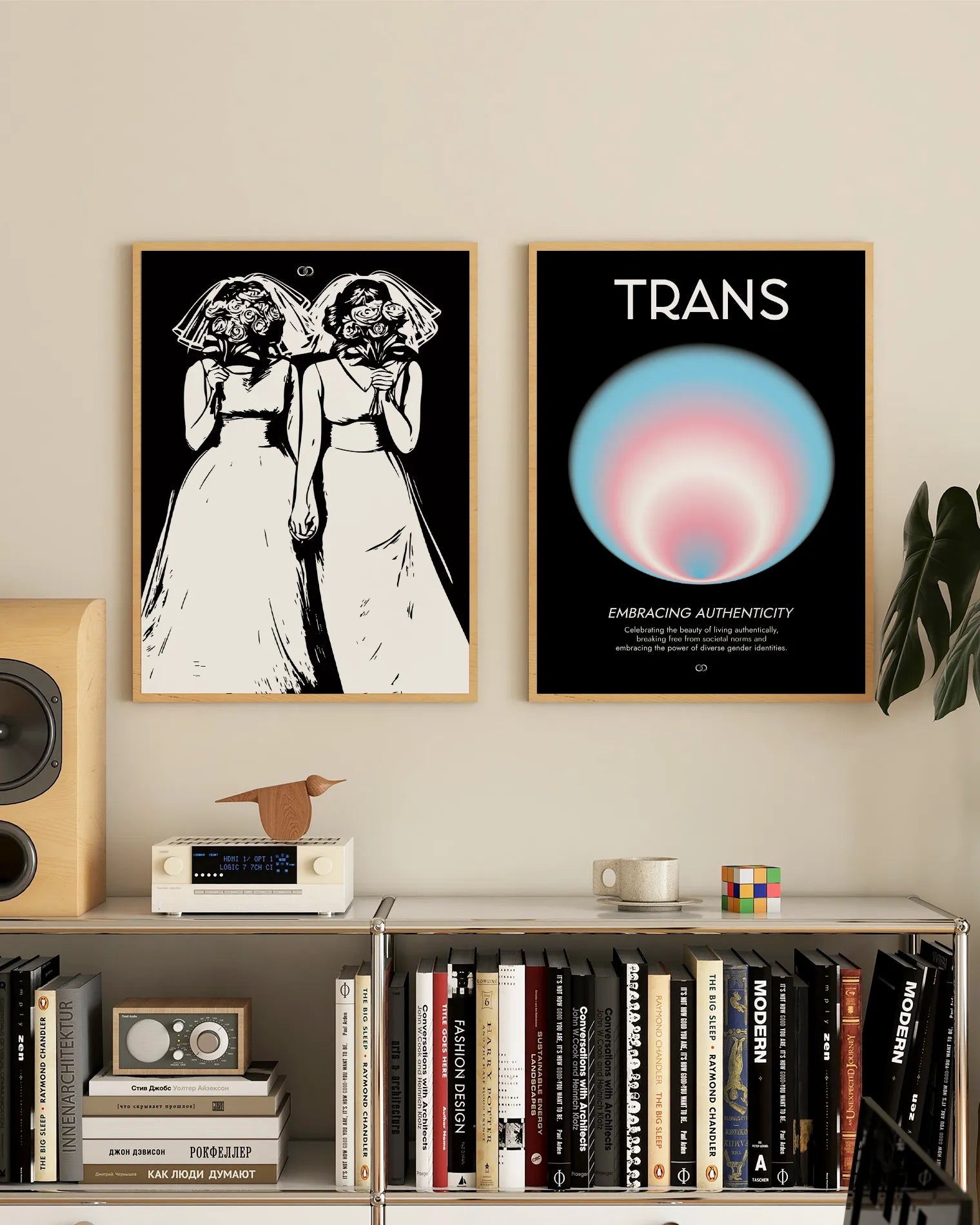 Two framed, abstract posters with transflag colours.
