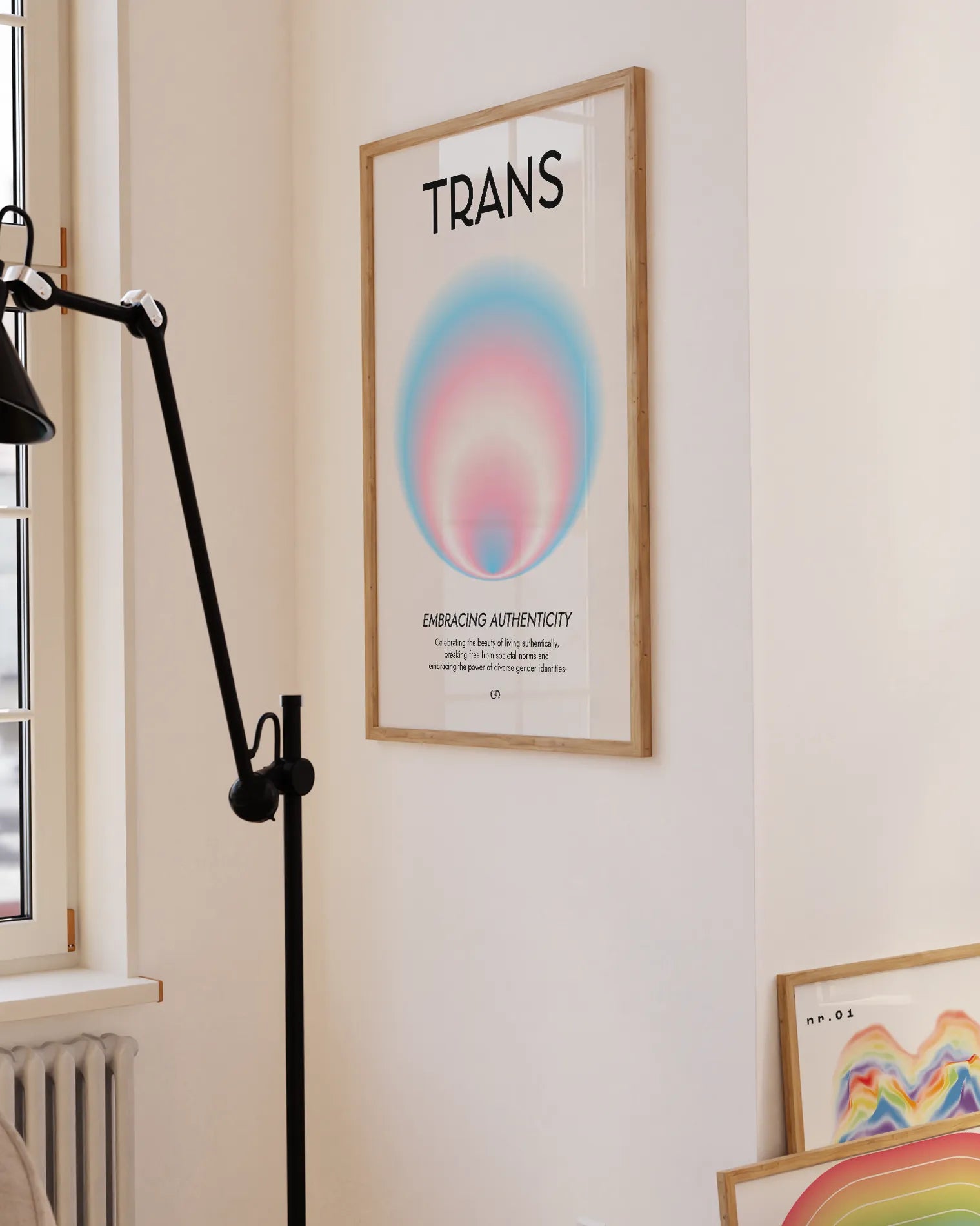 Framed, abstract poster with a circle in the transflag colours with a describing text about being transgender.