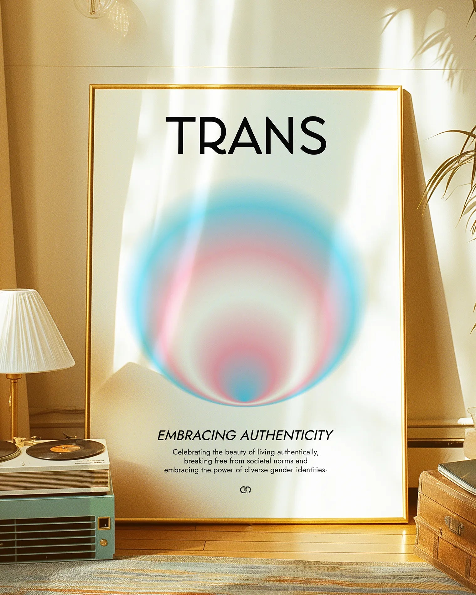 Framed, abstract poster with a circle in the transflag colours with a describing text about being transgender.