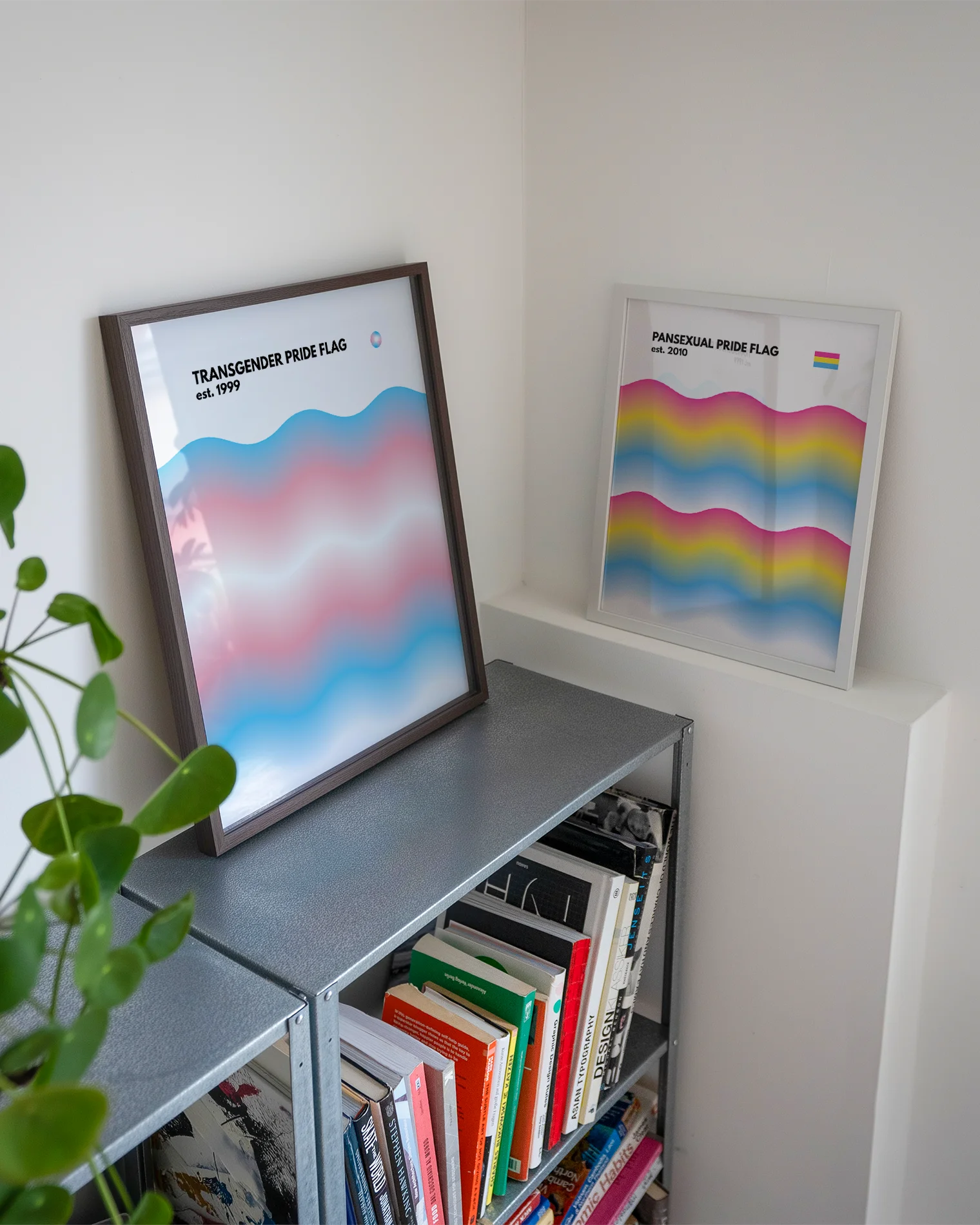 A print with the Transgender pride flag in a wavy, abstract form together with the text 'Transgender Pride Flag est. 1999.'