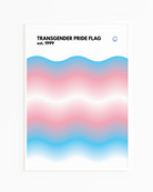 A print with the Transgender pride flag in a wavy, abstract form together with the text 'Transgender Pride Flag est. 1999.'