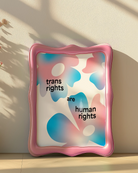 Framed print with the text 'trans rights are human rights' with flowers in trans colours.