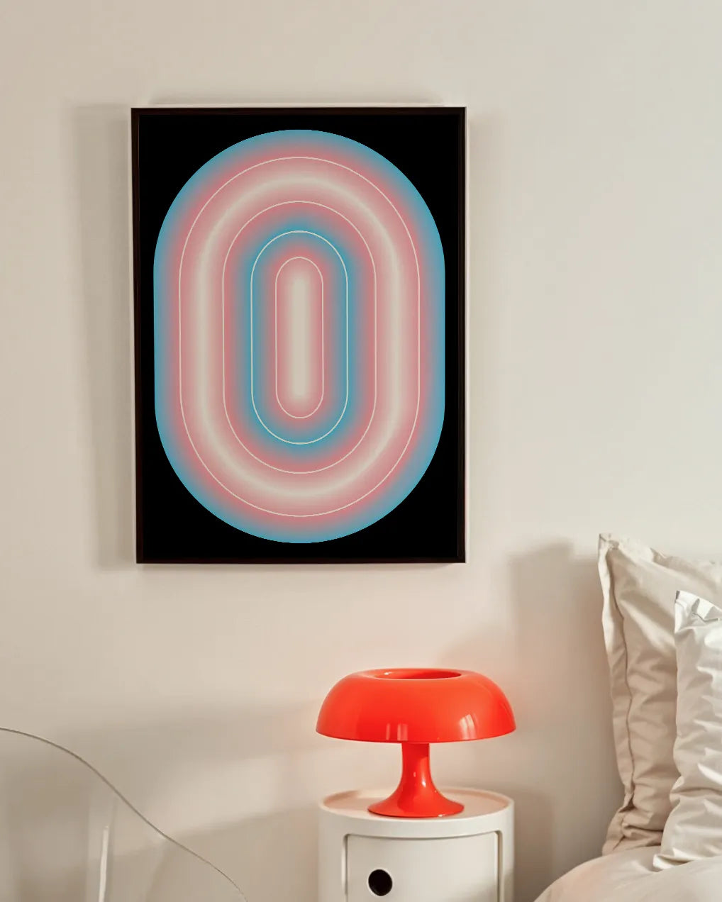 A framed print with a transgender, illustrative flag in an oval form.