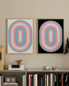 Two ramed prints with a transgender, illustrative flag in an oval form.