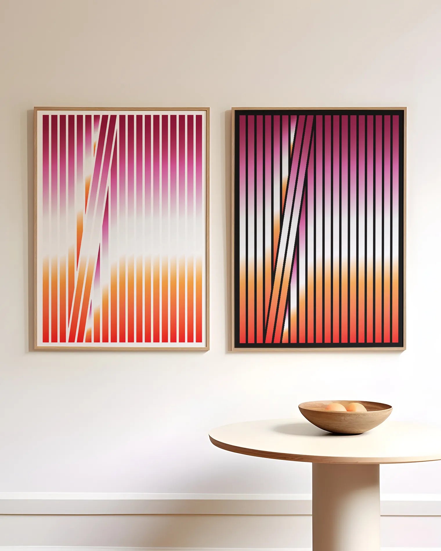 Two framed posters with abstract lesbian flags formed in stripes.