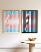 Two framed posters with abstract transflags formed in stripes.