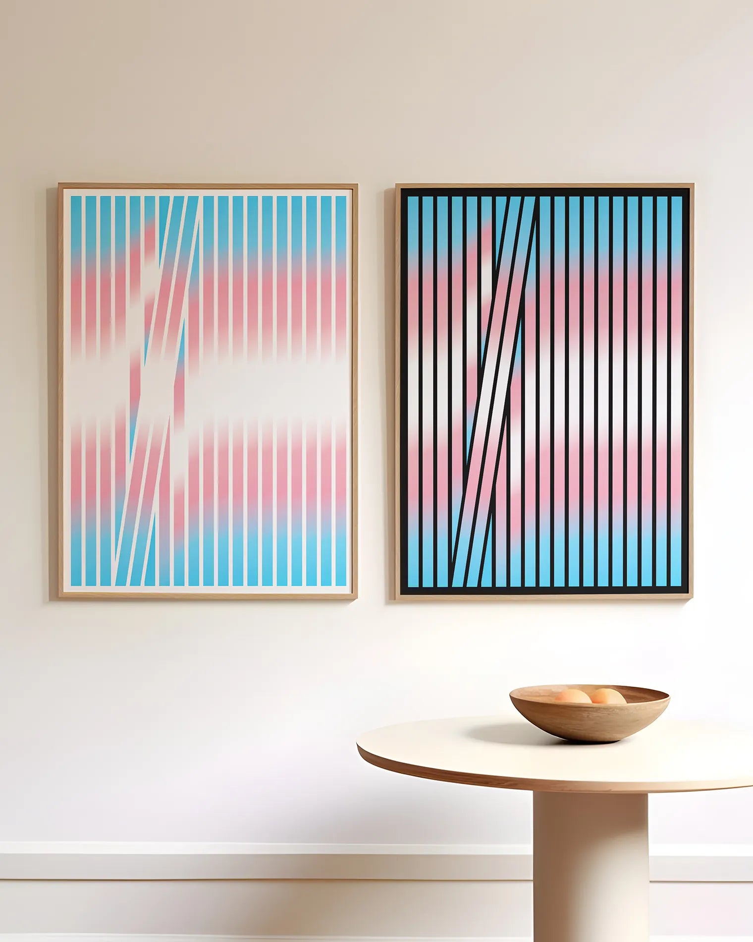 Two framed posters with abstract transflags formed in stripes.