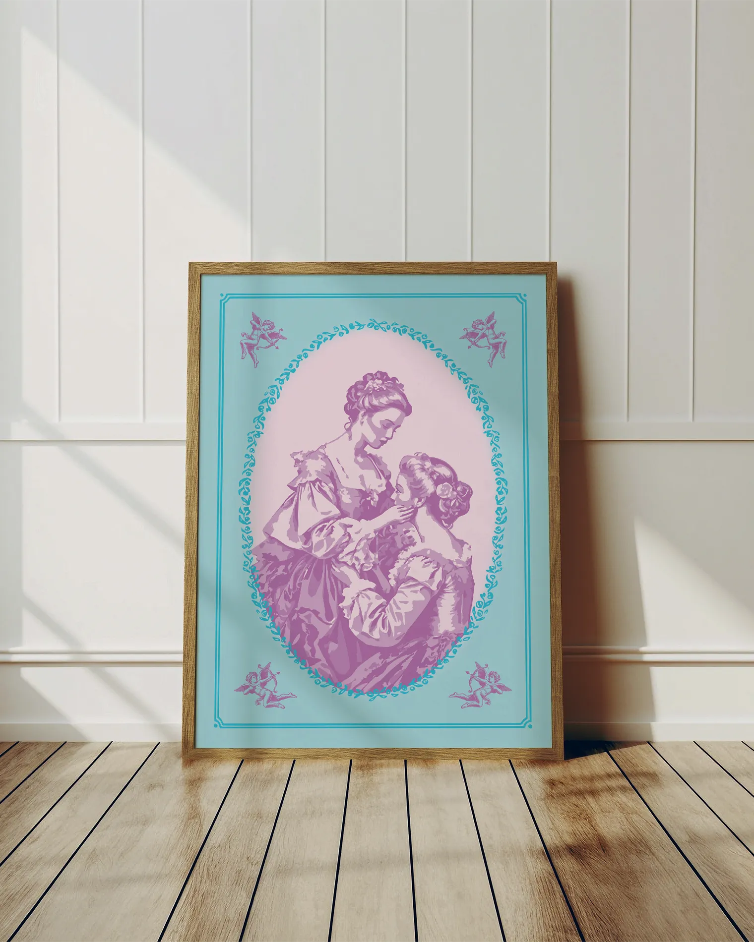 A print with an illustrated, sapphic couple in the victorian era.