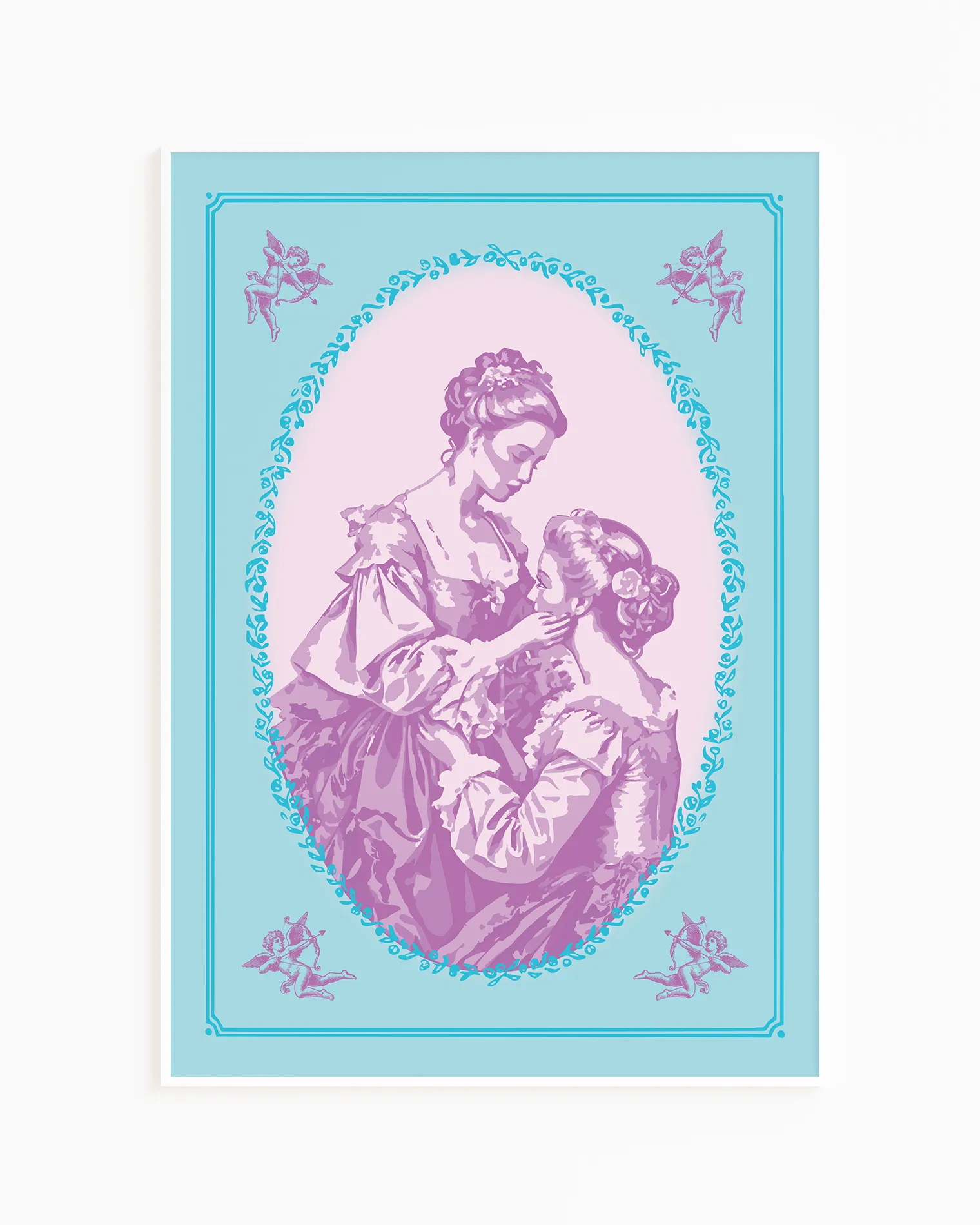A print with an illustrated, sapphic couple in the victorian era.