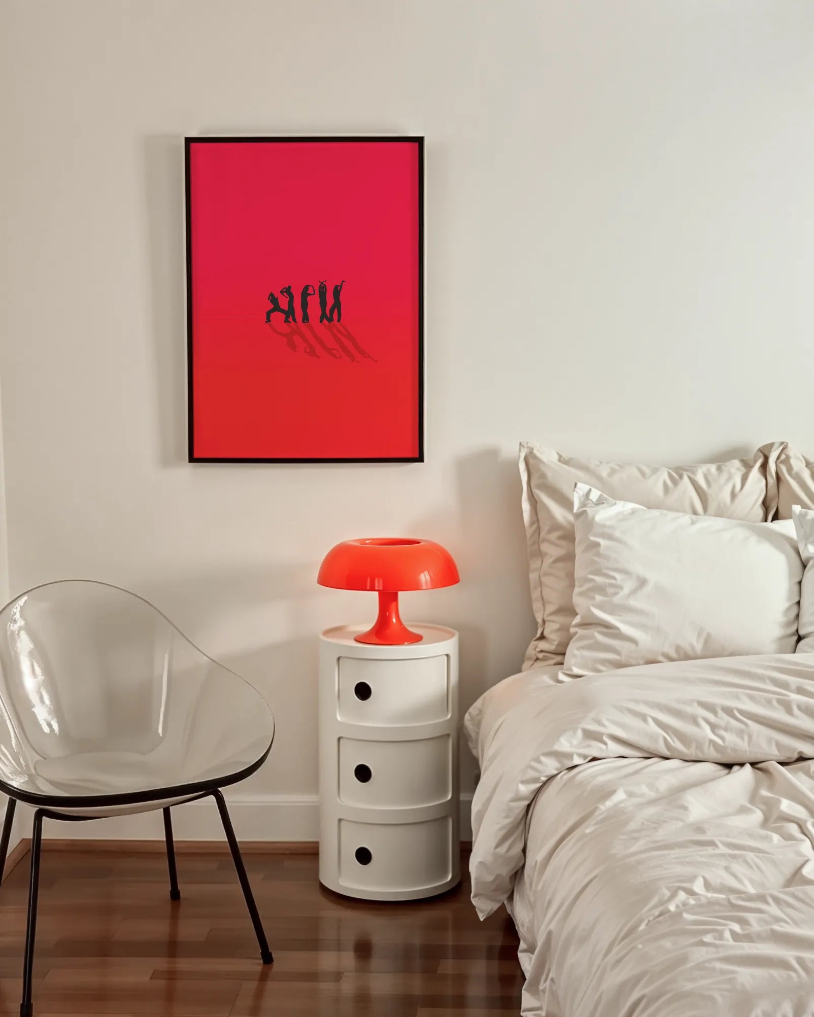 A poster with five black silhouettes of dancing men, posing iconic in Vogue-dance poses against a red background.