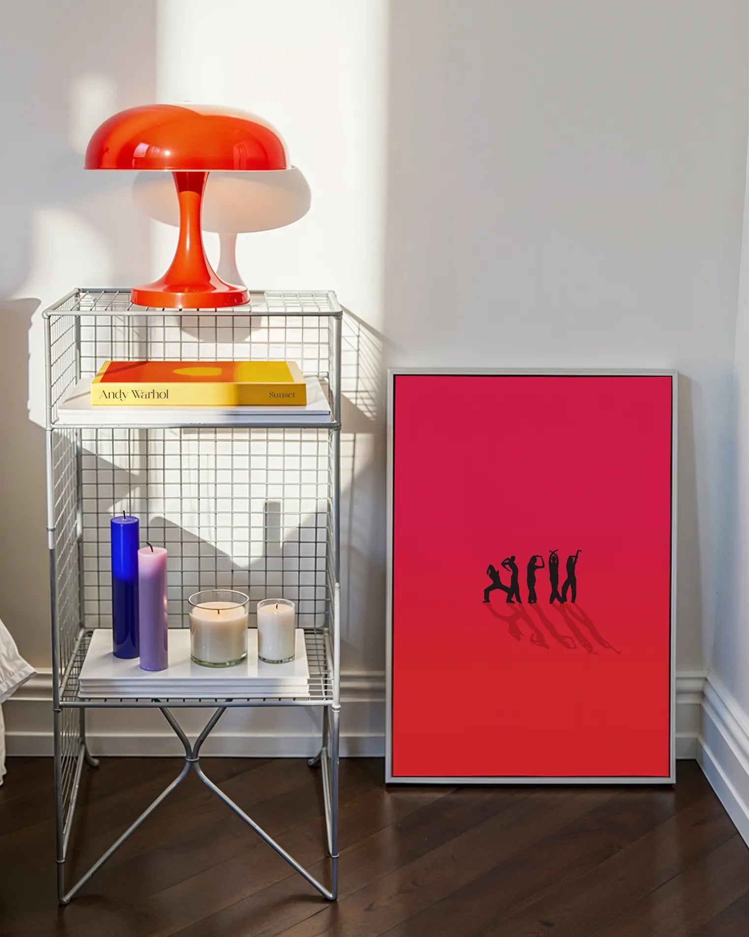 A poster with five black silhouettes of dancing men, posing iconic in Vogue-dance poses against a red background.