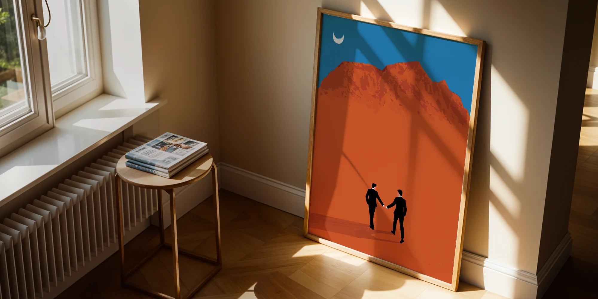 A print with two illustrated married grooms walking hand in hand in the desert.