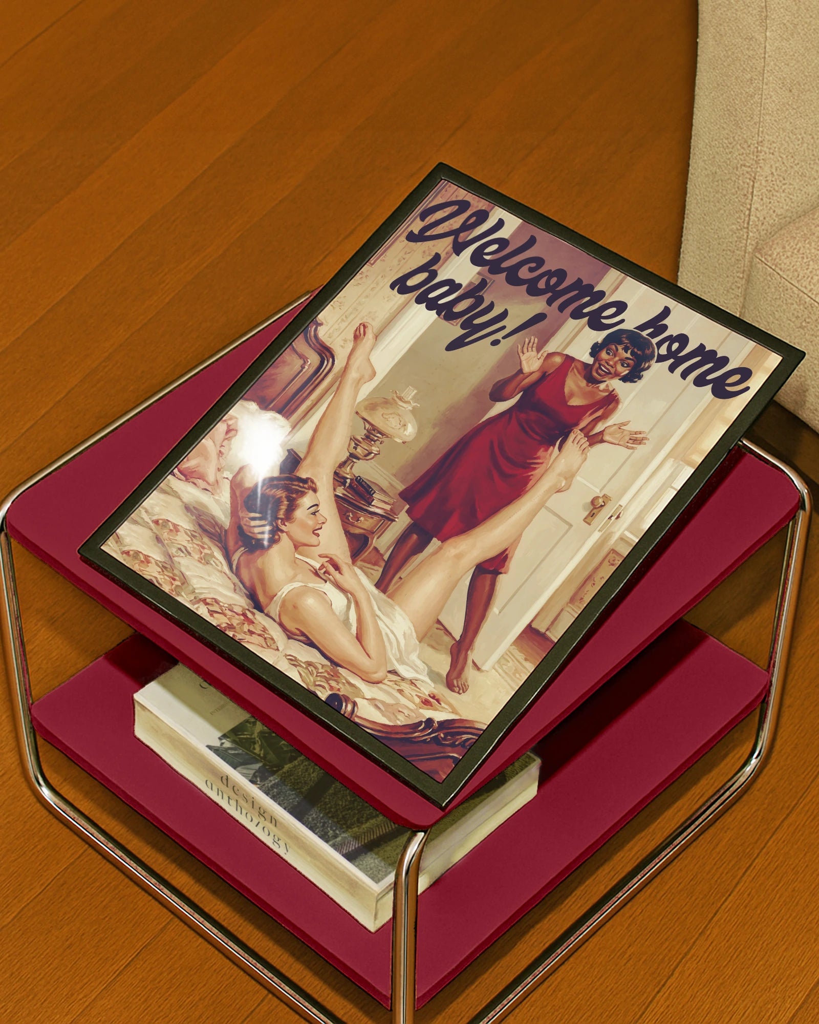 A poster with a lady coming home to her wife, who's in the bed with her legs up in the air with the text 'Welcome home baby!'. Sapphic, vintage style.