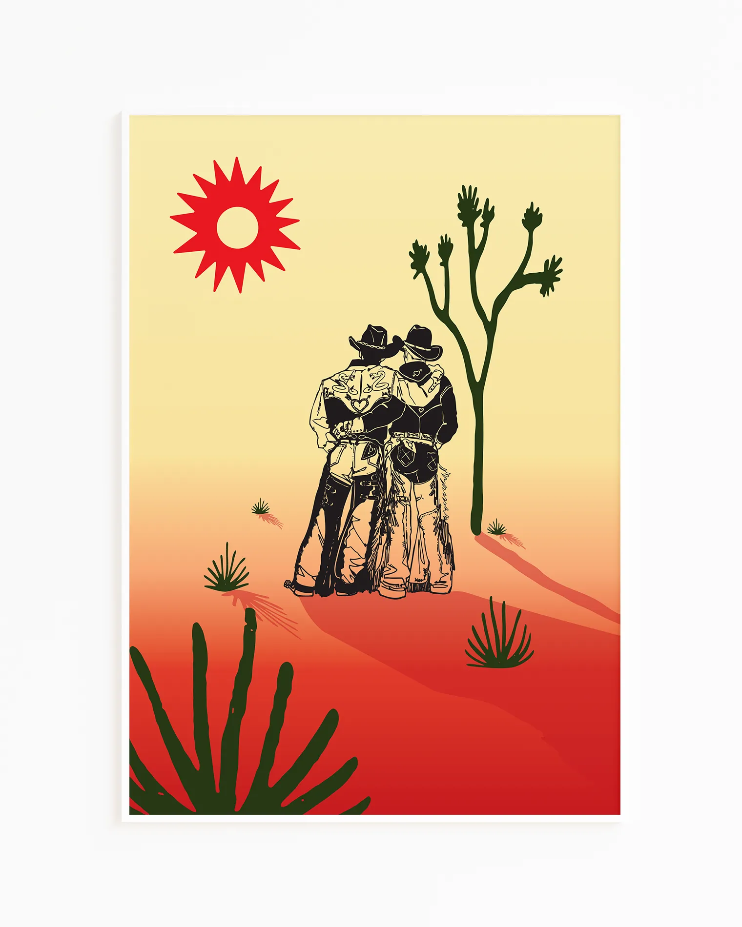 A print with an illustrated cowboys-couple in a desert, surrounded by a red and yellow sunset.