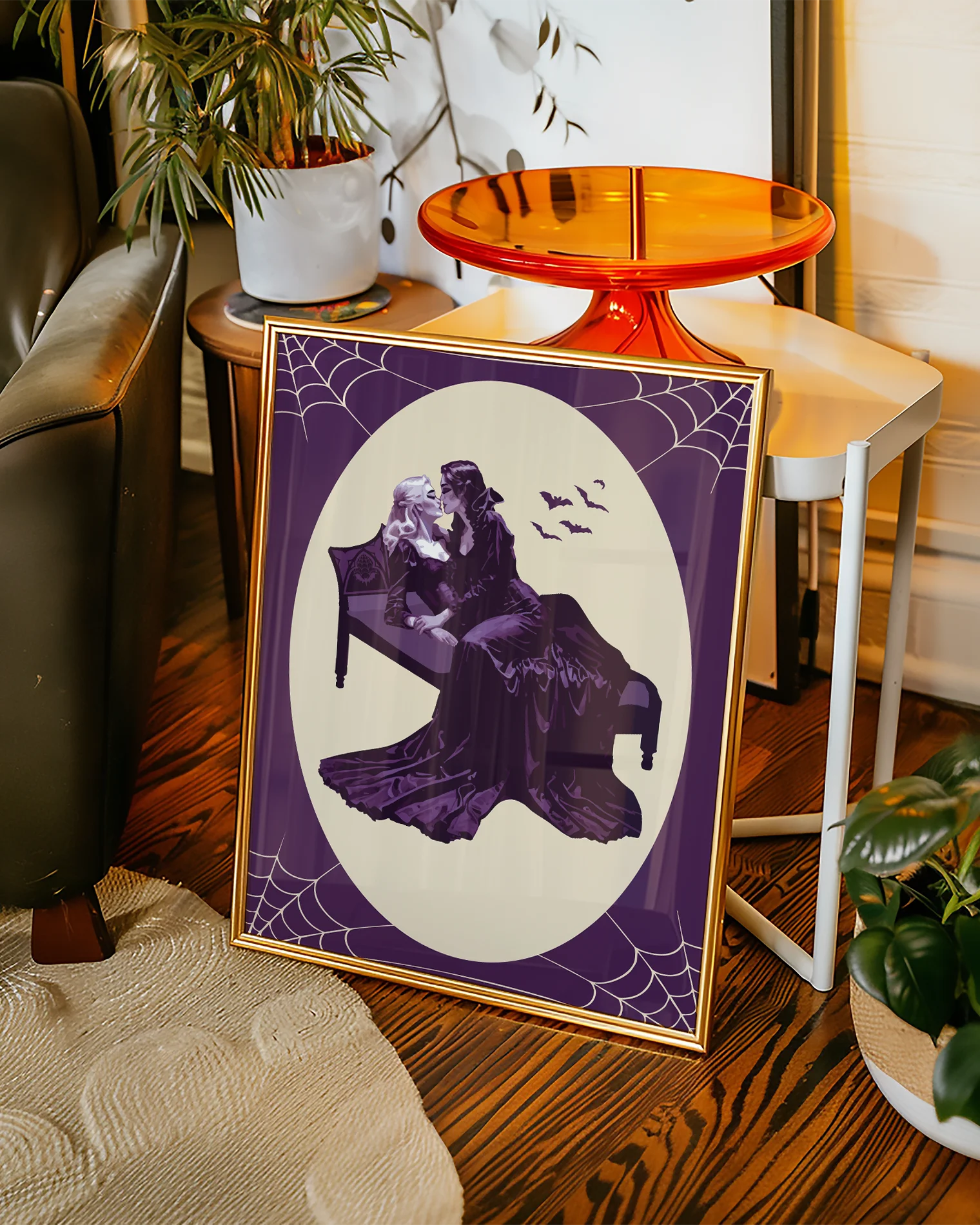 A poster with a lesbian vampire couple kissing in a bed.