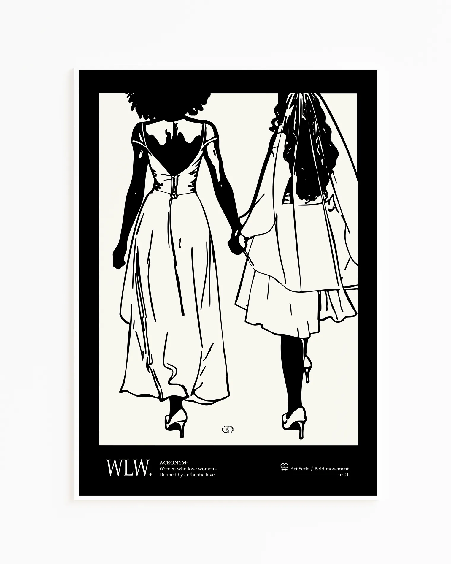 A print with an illustrated couple holding hands, with additional text about WLW - women who love women.