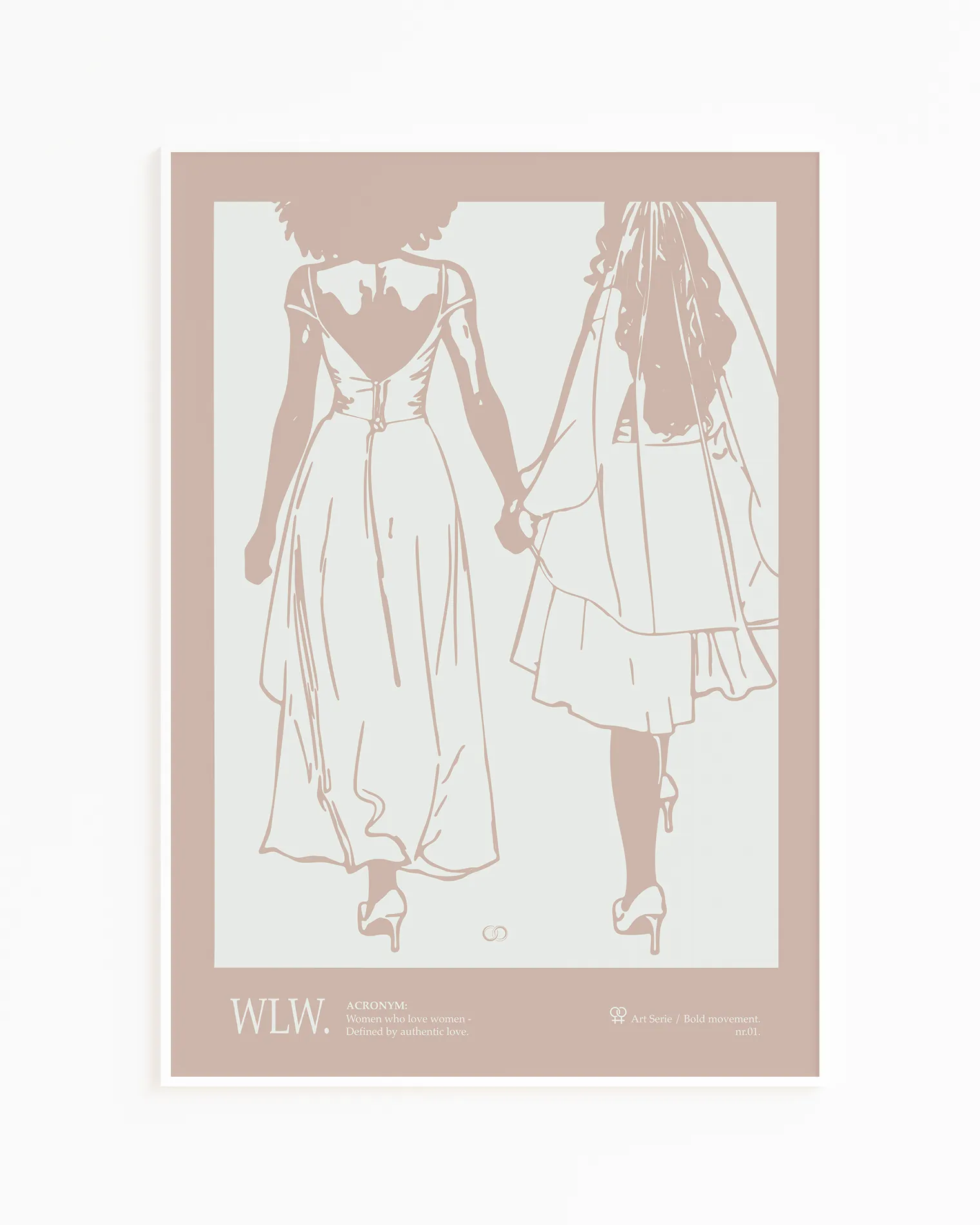 A print with an illustrated couple holding hands, with additional text about WLW - women who love women.