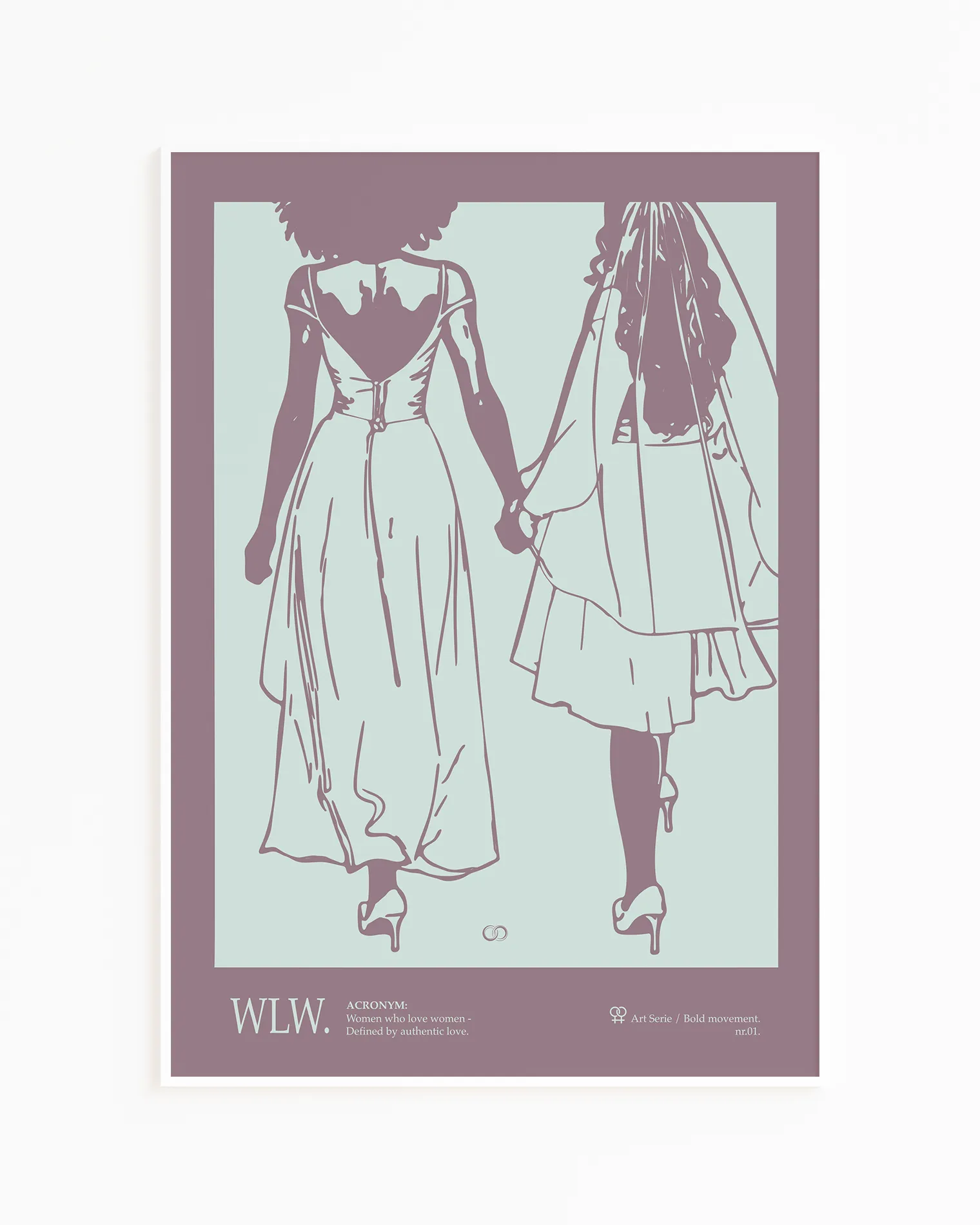 A print with an illustrated couple holding hands, with additional text about WLW - women who love women.