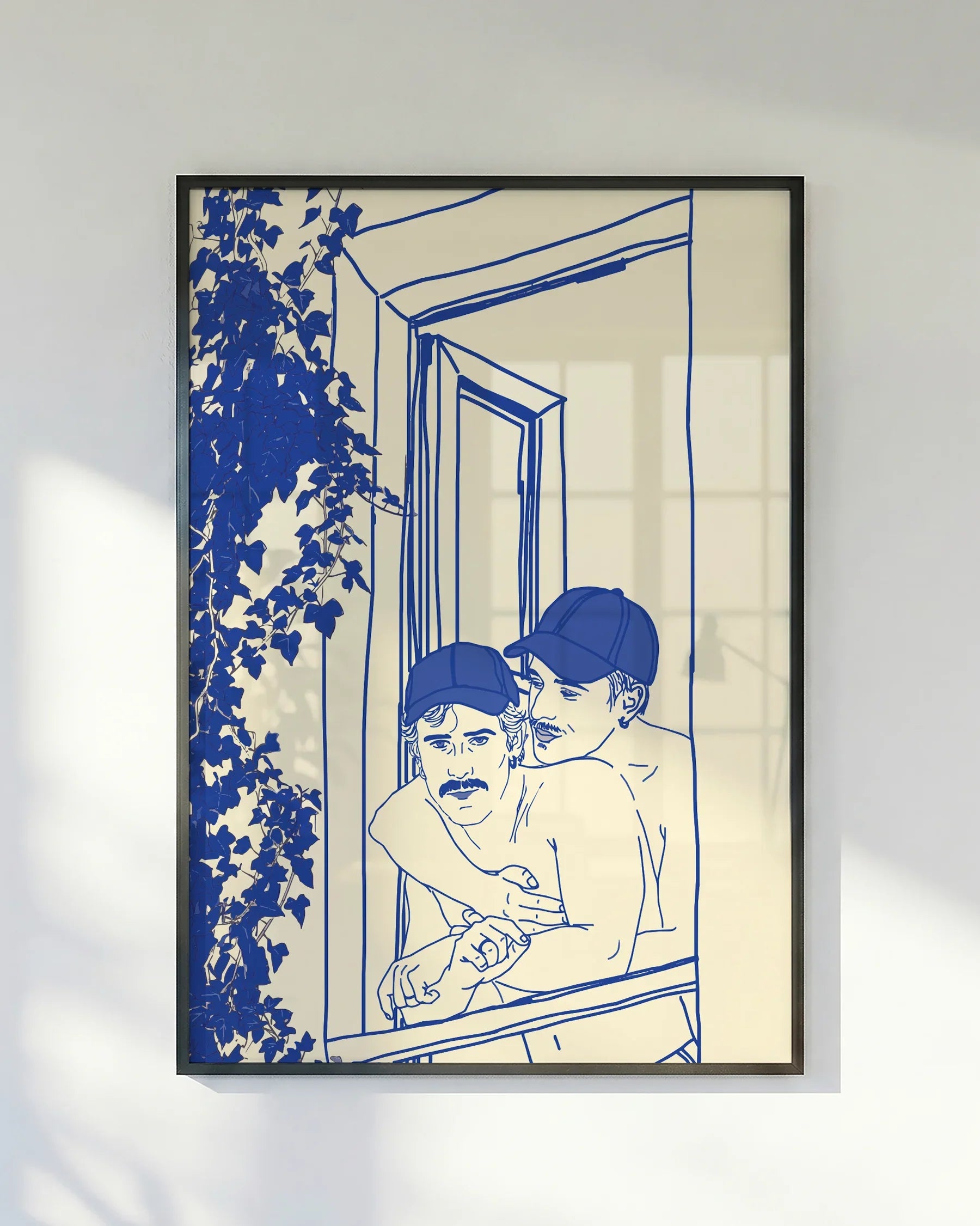 A poster with two gay men hugging from behind on a french balcony, linear style.