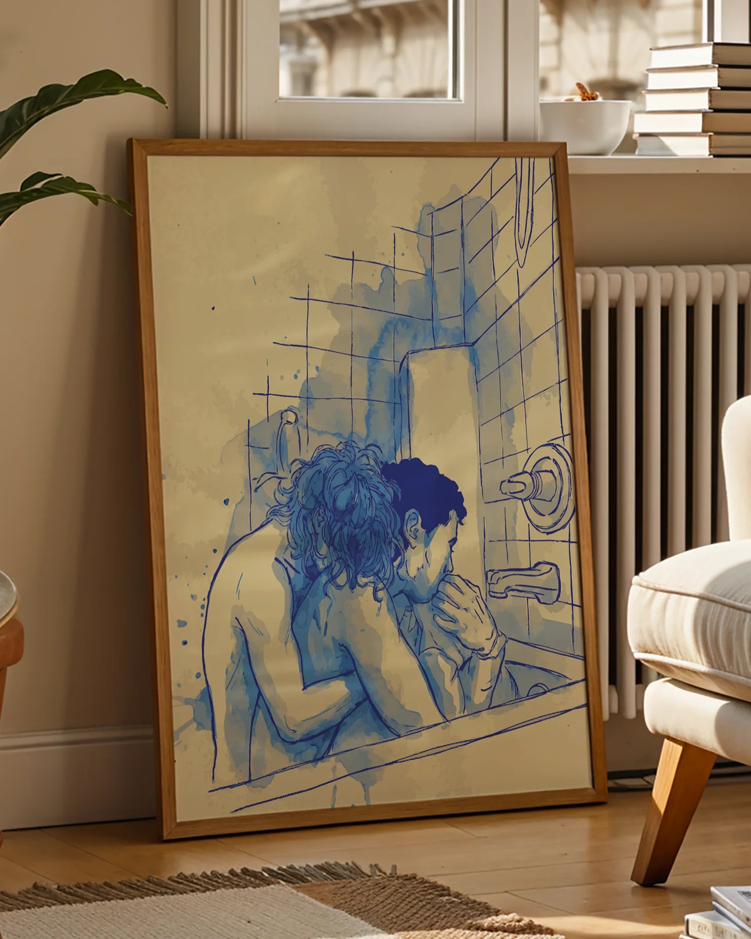 A poster with two men in a bathtub cuddling.