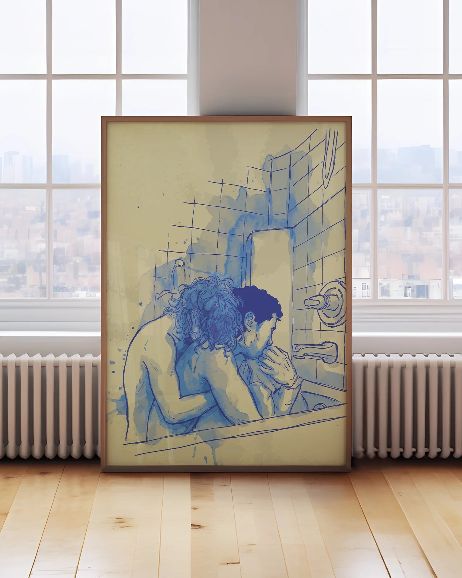 A poster with two men in a bathtub cuddling.