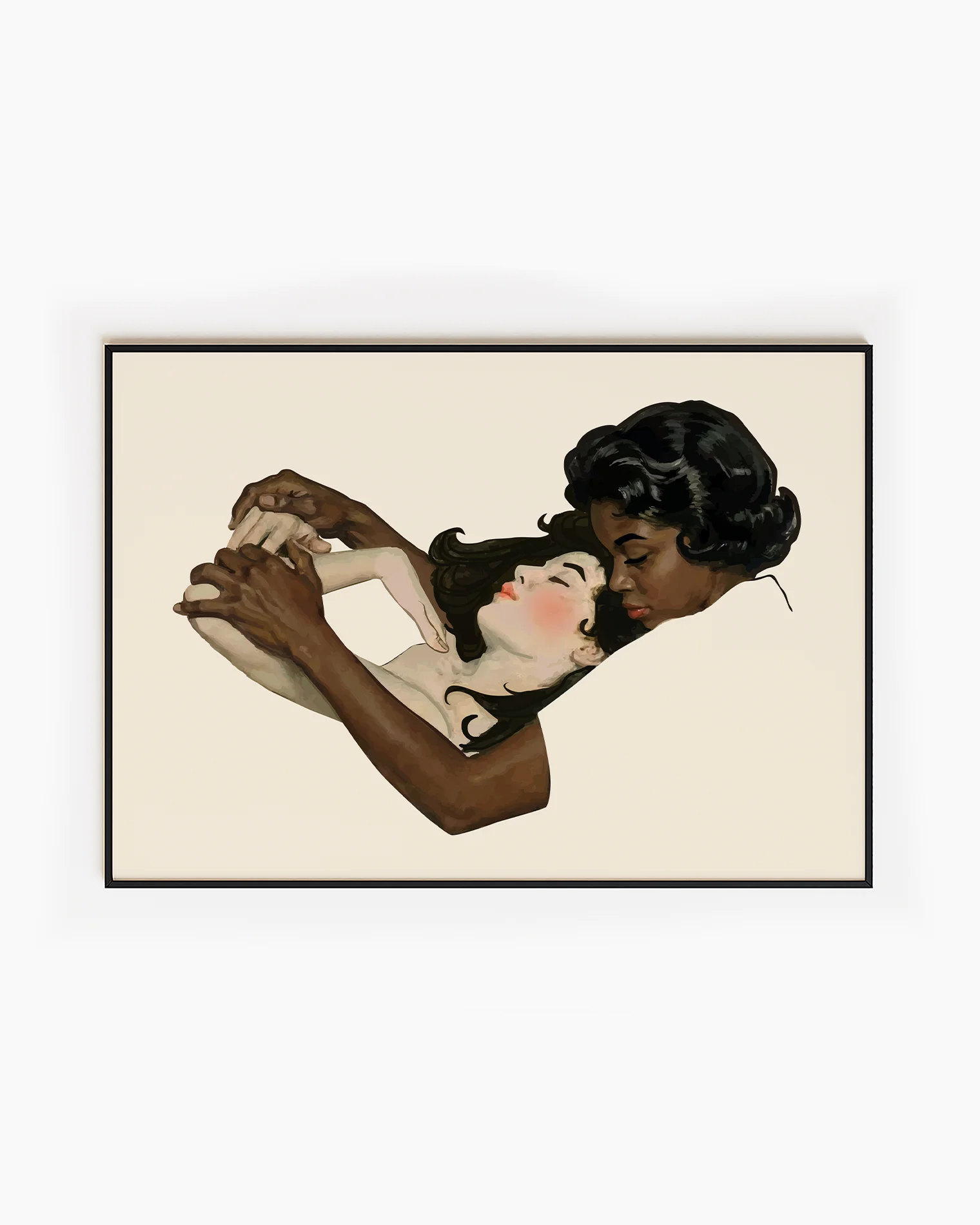 A framed, horizontal print with two lesbian women in a warm, romantic embrace.