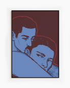 A framed poster with two gay men in an embrace, abstract style.